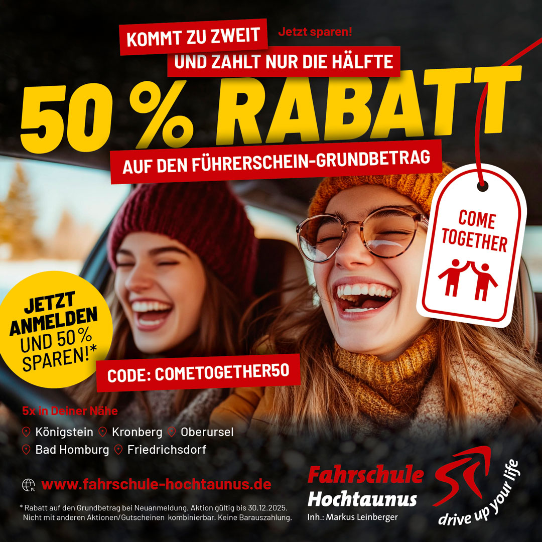 50% Rabatt – Kommt zu zweit und spart die Hälfte beim Grundbetrag