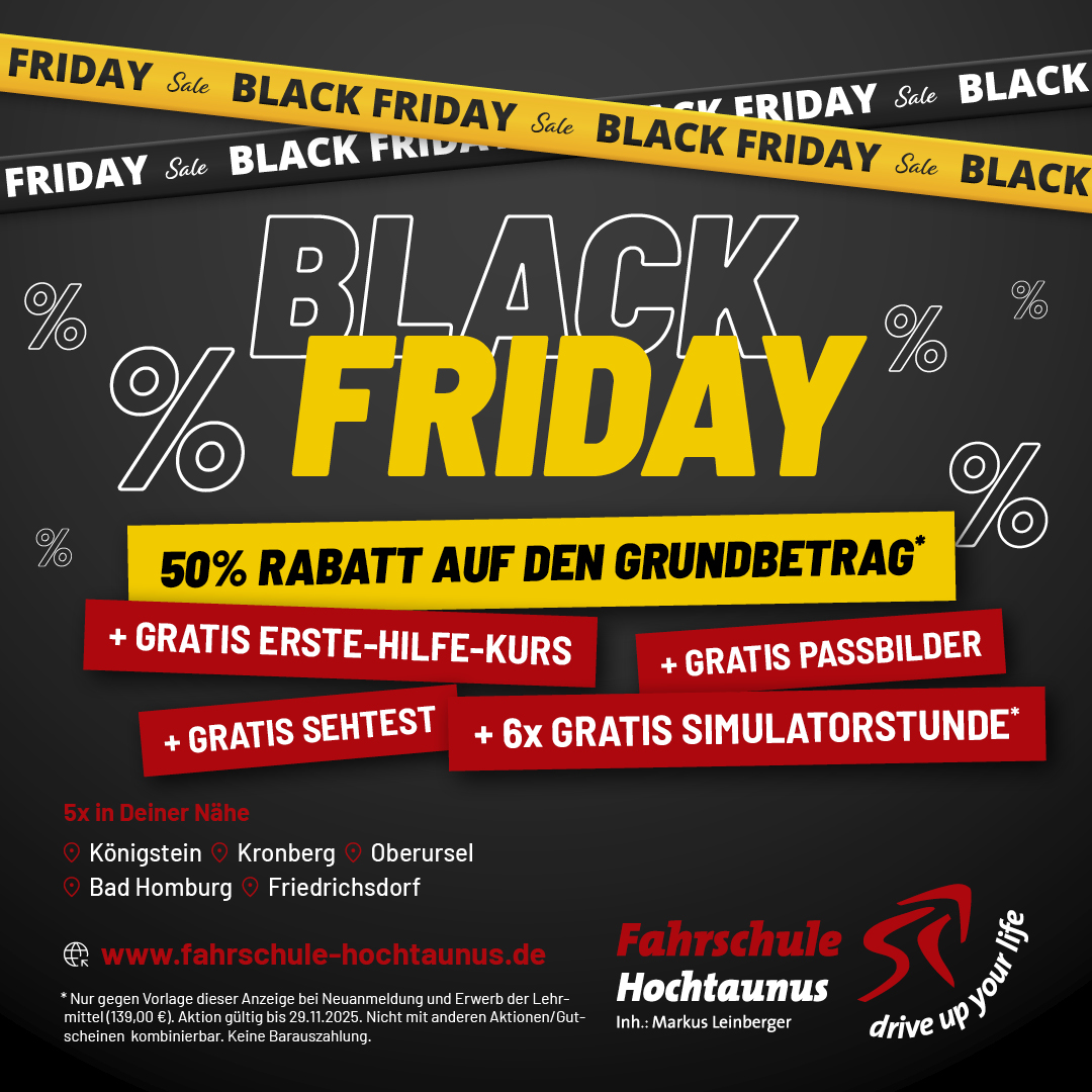 Black Friday – 50% Rabatt auf den Führerschein-Grundbetrag + gratis Erste-Hilfe-Kurs + gratis Passbilder + gratis Sehtest + 6x gratis Simulator-Fahrstunde